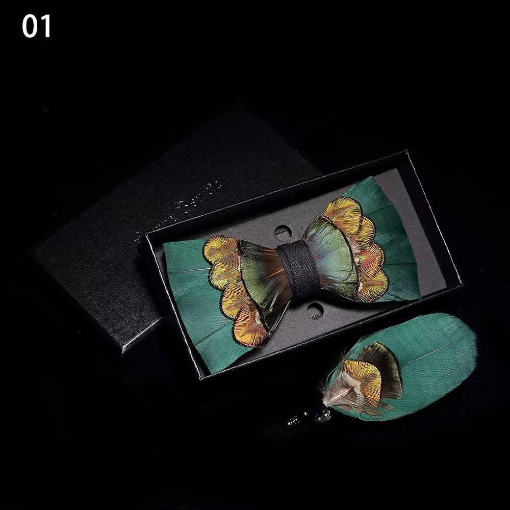 Handmade Green Feather Bow Tie with Lapel Pin Set