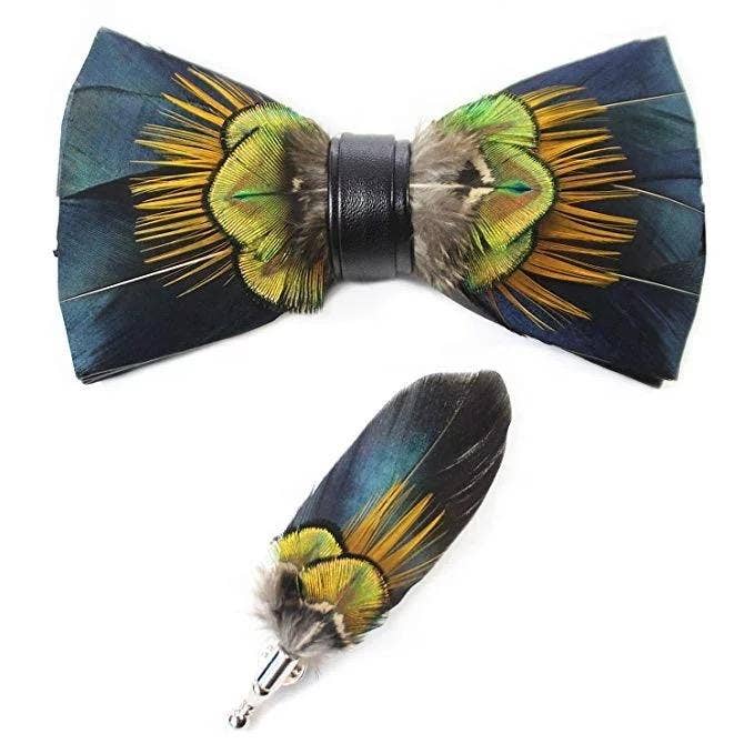 Adjustable Leather Bow Tie with Orange Green Feather and Lapel Pin Set