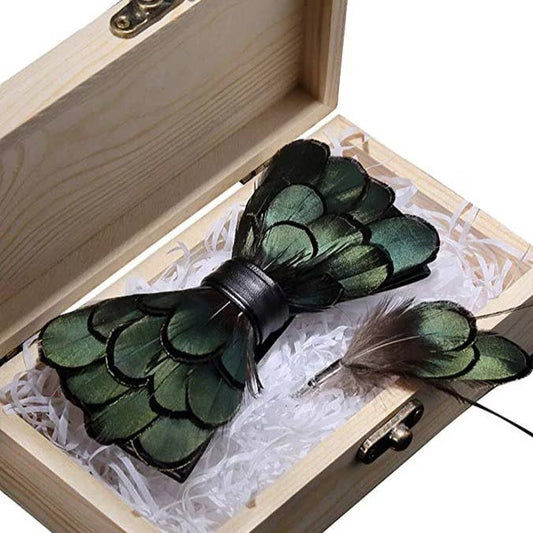 Handmade Feather Bow Tie and with Lapel Pin Set