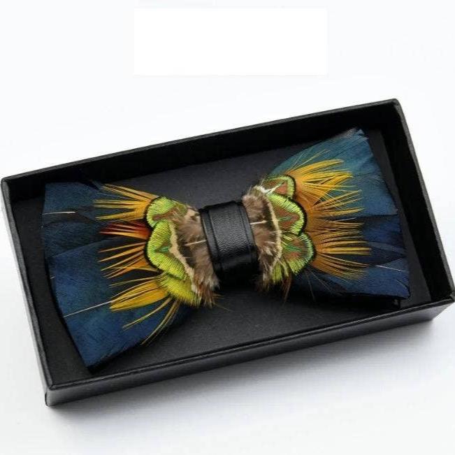 Adjustable Leather Bow Tie with Orange Green Feather and Lapel Pin Set