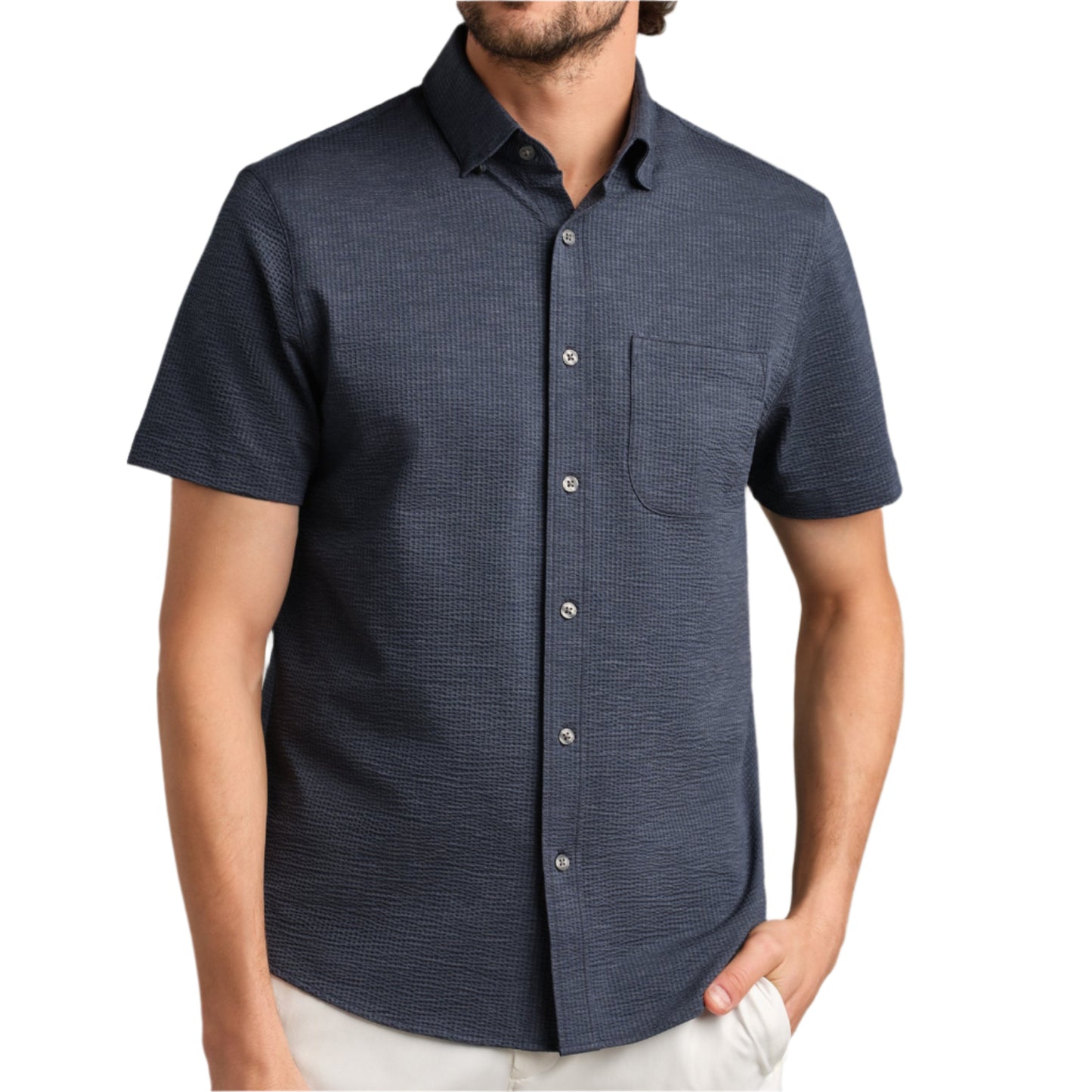 Rhone Navy Chambray Commuter Seersucker Shirt