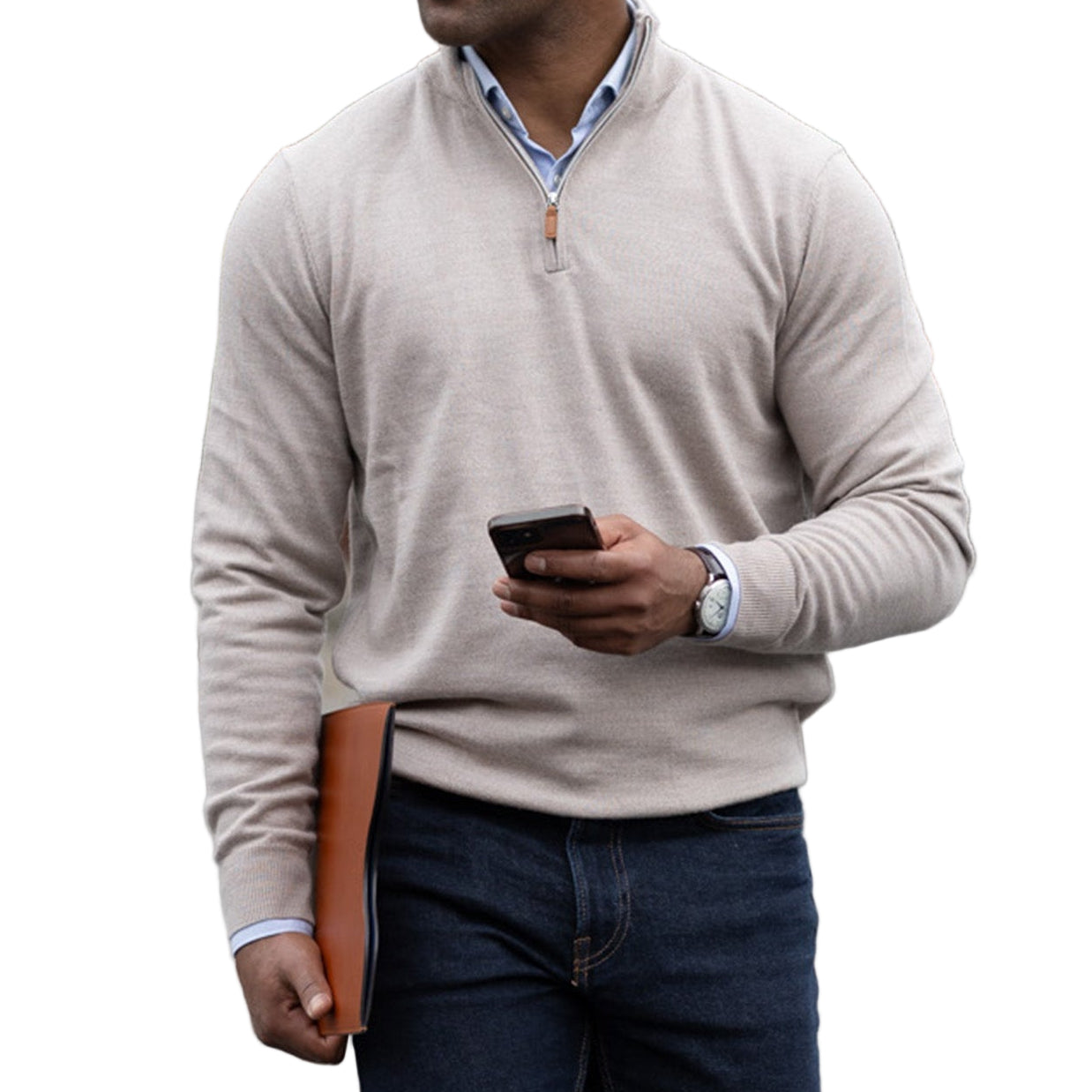 Collars & Co. Oatmeal Cashmere Touch Australian Merino Quarter Zip Sweater