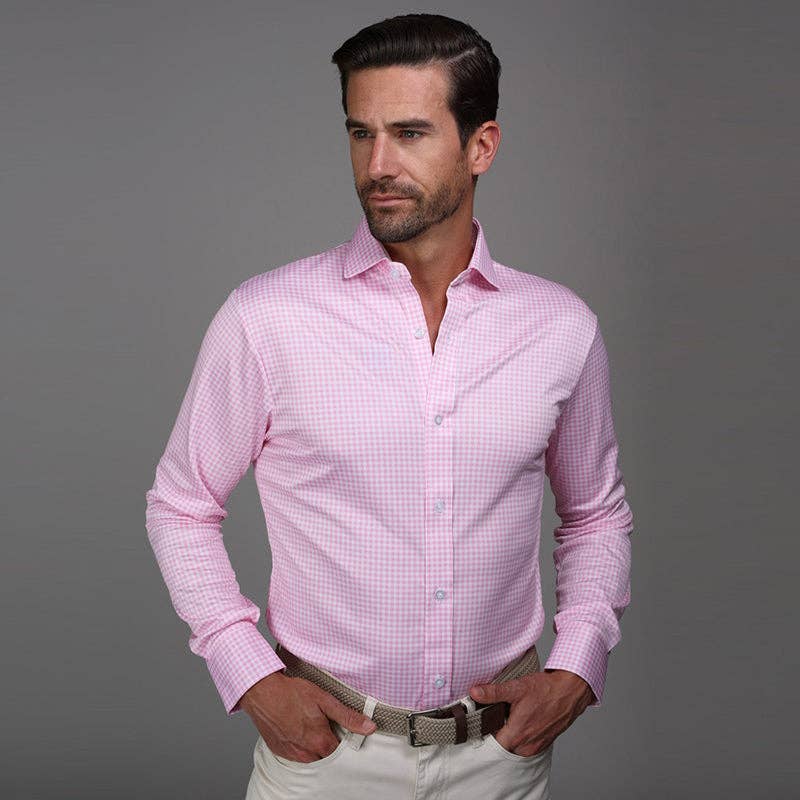 Quattro Flex Dress Shirt with Semi-Spread Collar Pink Gingham