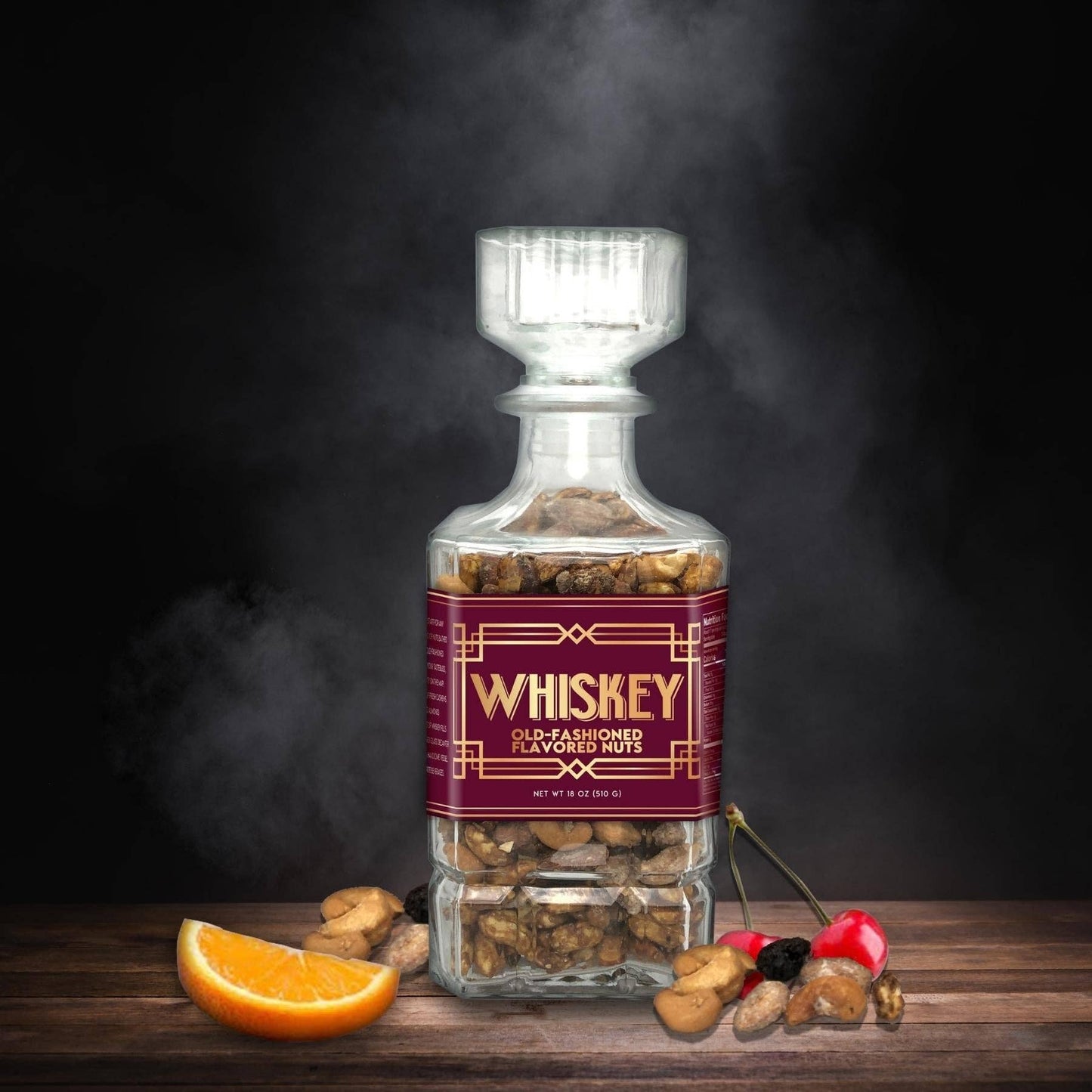 Whiskey Old-Fashioned Flavored Nuts in Glass Decanter