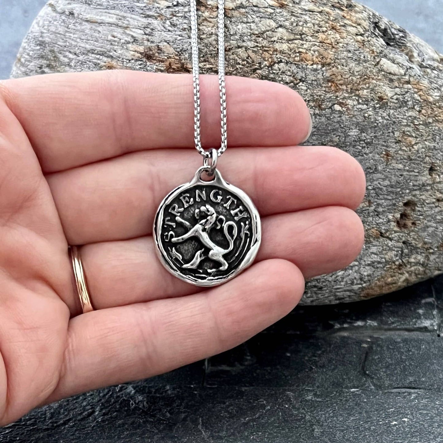 Lion, Strength Wax Seal Necklace, Antiqued Pewter