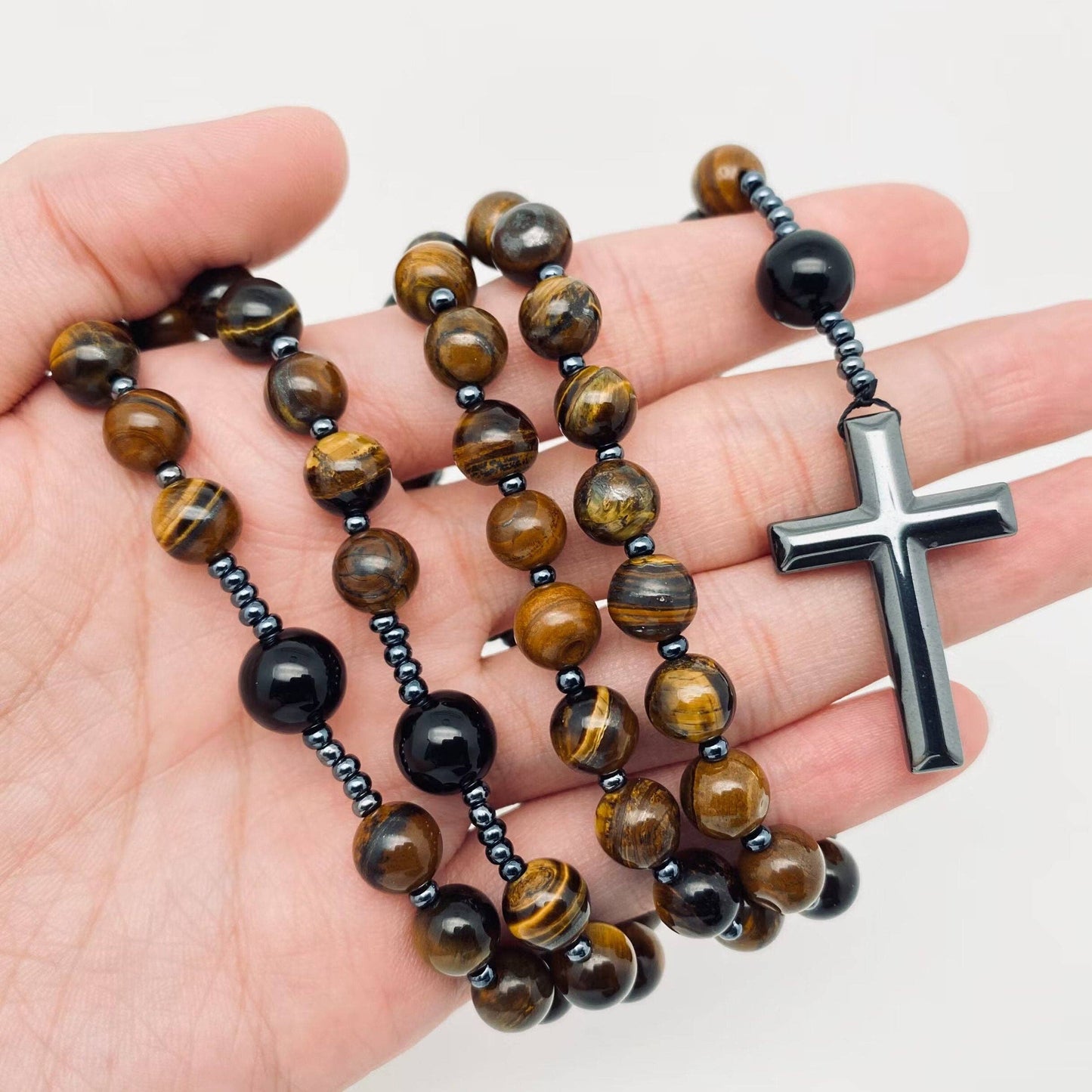 Tiger's Eye Beaded Cross Charm Necklace