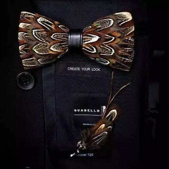 Handmade Brown Feather Bow Tie with Lapel Pin Set