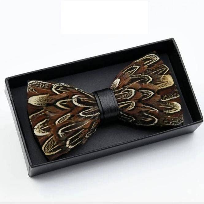 Handmade Brown Feather Bow Tie with Lapel Pin Set