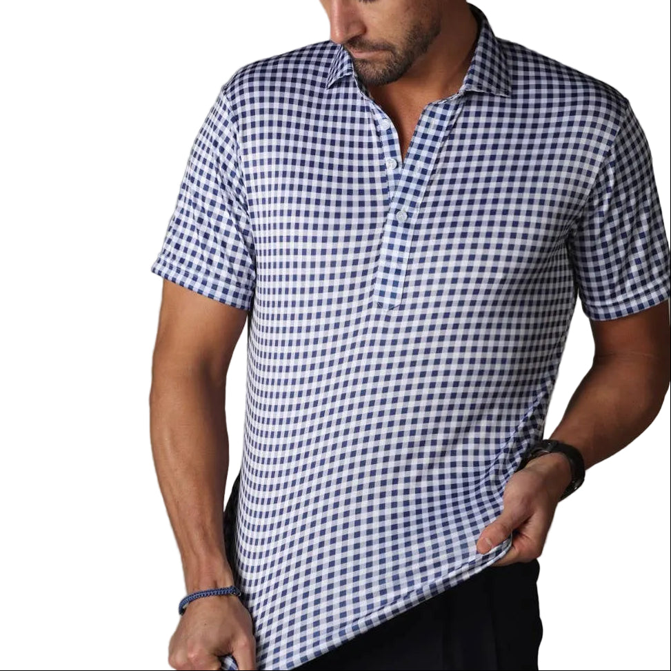 Semi-Spread Collar Polo Navy Gingham