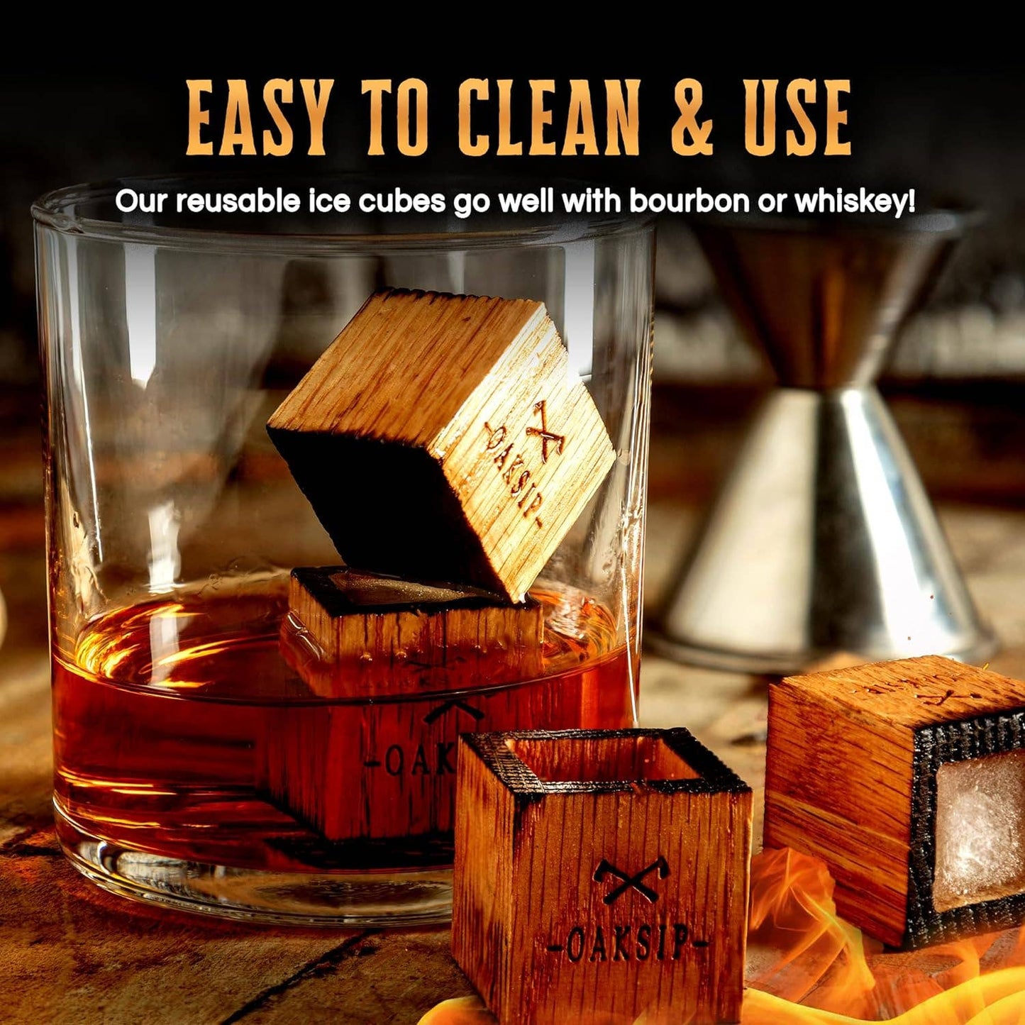 Oaksip Charred Wooden Oak Bourbon and Whiskey Stones Set