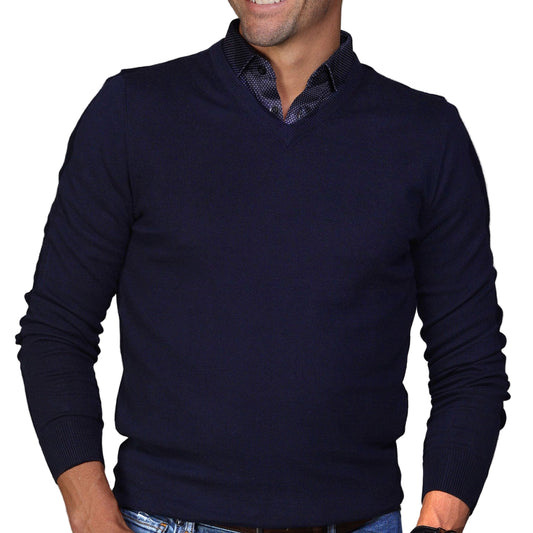 Collars & Co. Navy Luxury Touch Cotton and Cashmere V-Neck Sweater