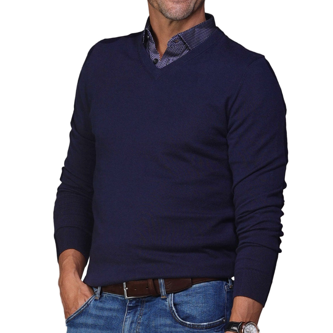 Collars & Co. Navy Luxury Touch Cotton and Cashmere V-Neck Sweater