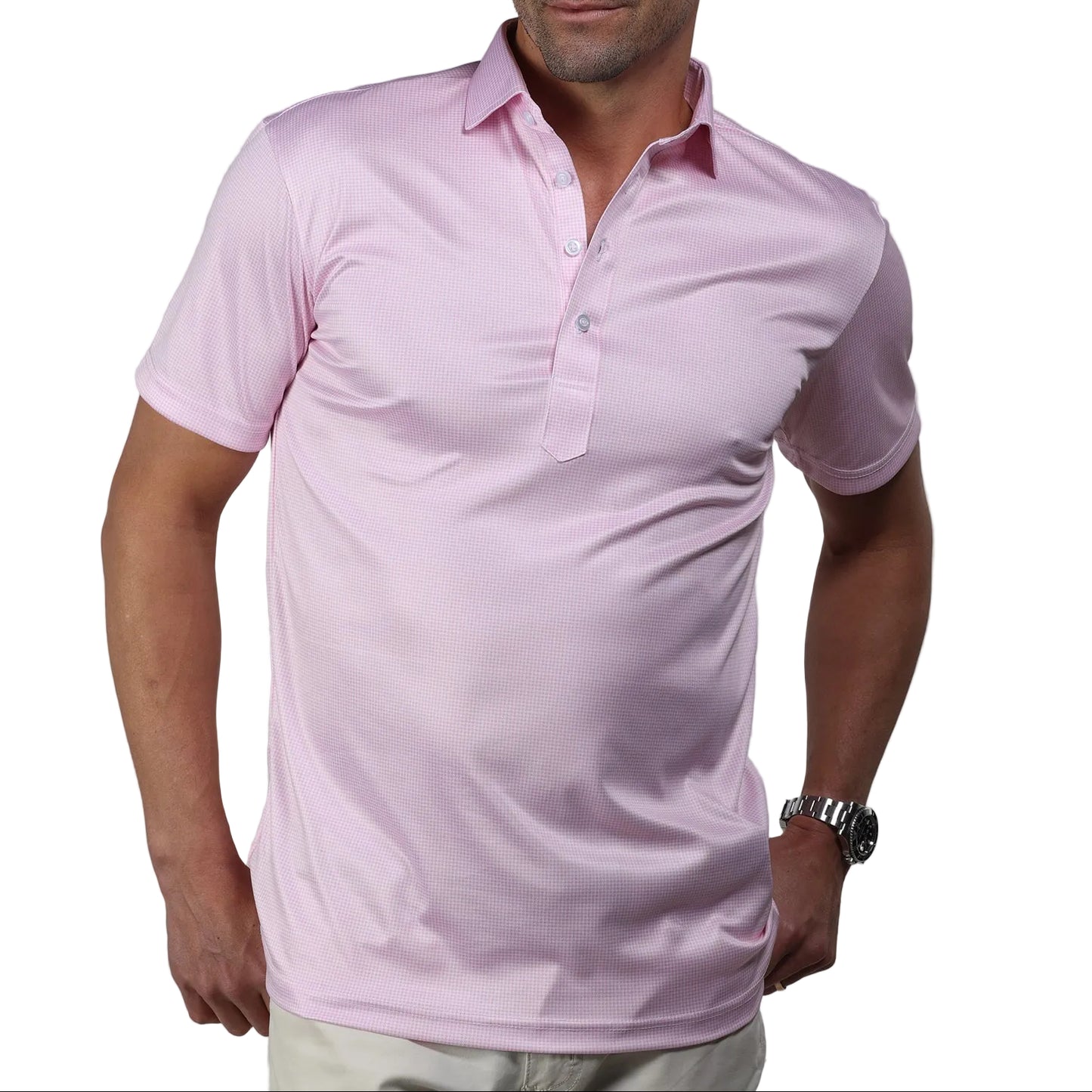 Collars & Co. Pink Houndstooth Semi-Spread Collar Polo