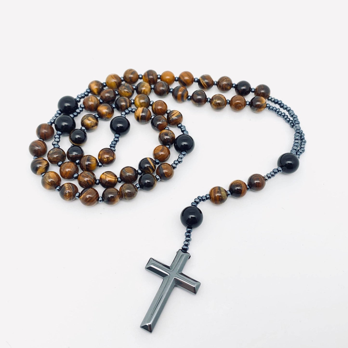 Tiger's Eye Beaded Cross Charm Necklace