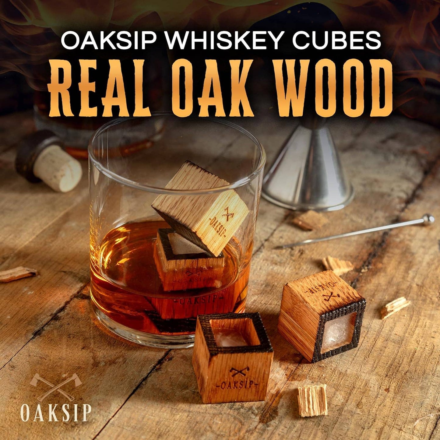 Oaksip Charred Wooden Oak Bourbon and Whiskey Stones Set