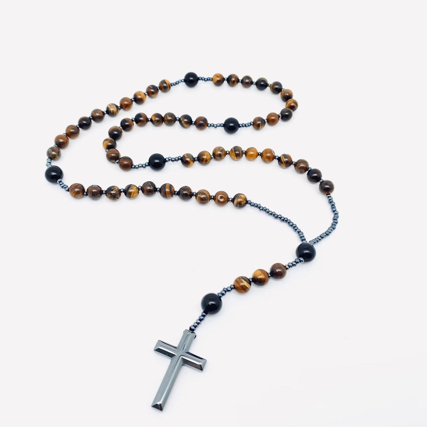 Tiger's Eye Beaded Cross Charm Necklace