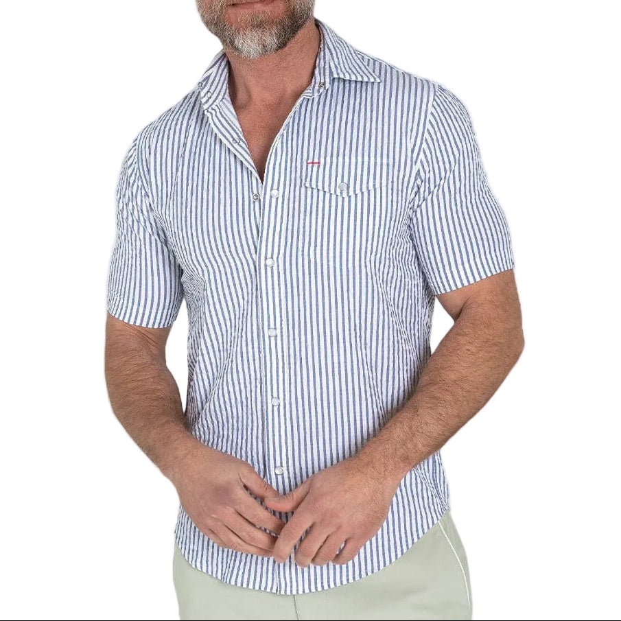 Criquet Navy Seersucker Short Sleeve Performance Pearl Snap Shirt