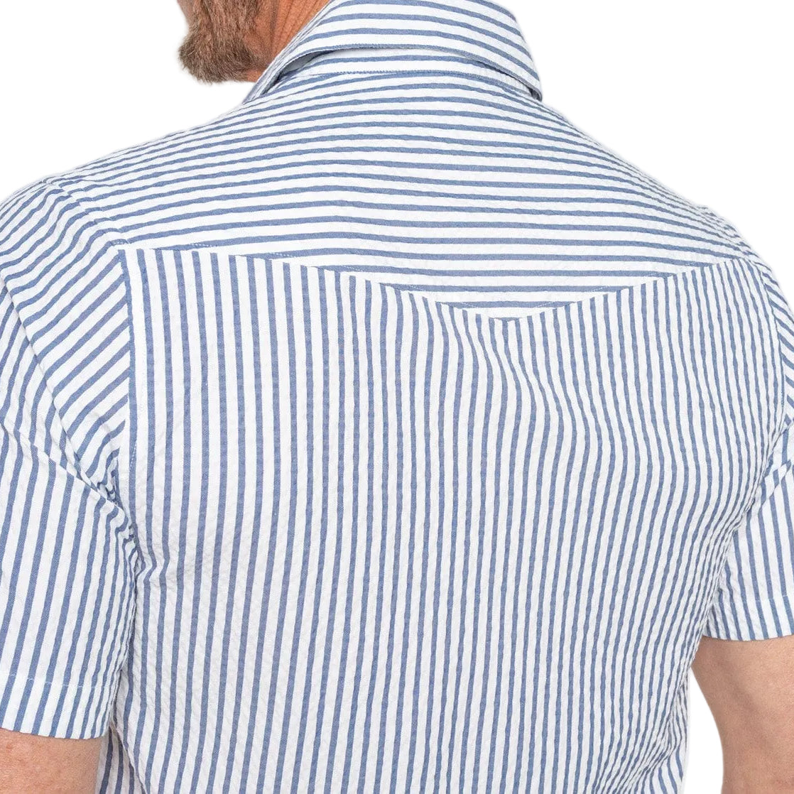 Criquet Navy Seersucker Short Sleeve Performance Pearl Snap Shirt
