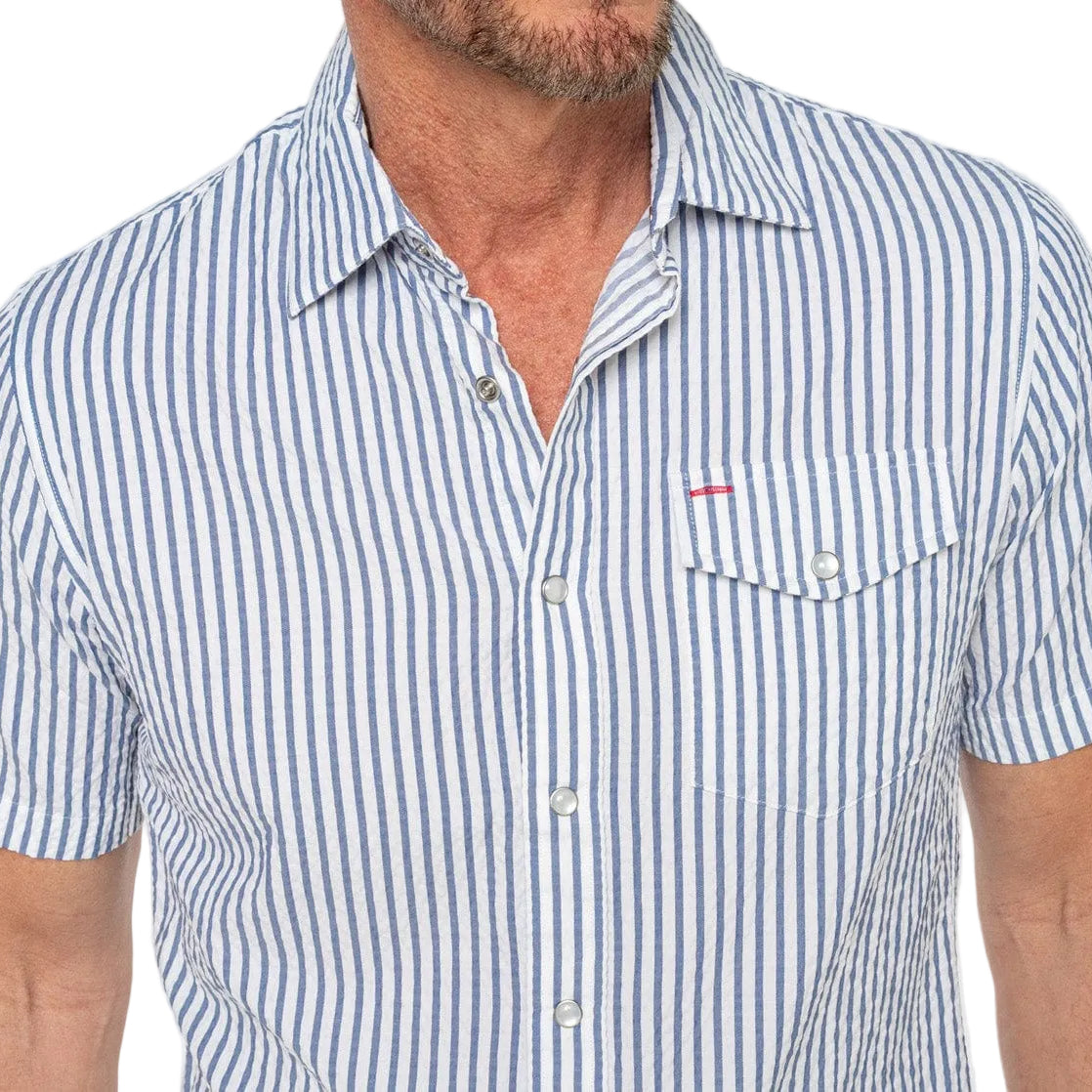 Criquet Navy Seersucker Short Sleeve Performance Pearl Snap Shirt